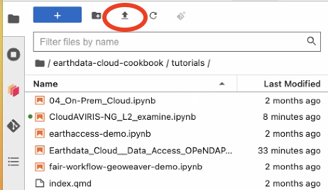 Screenshot of JupyterHub upload button
