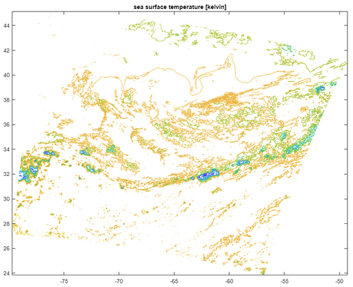 a square map with latitude and longitude and titled sea surface temperature in kelvin.