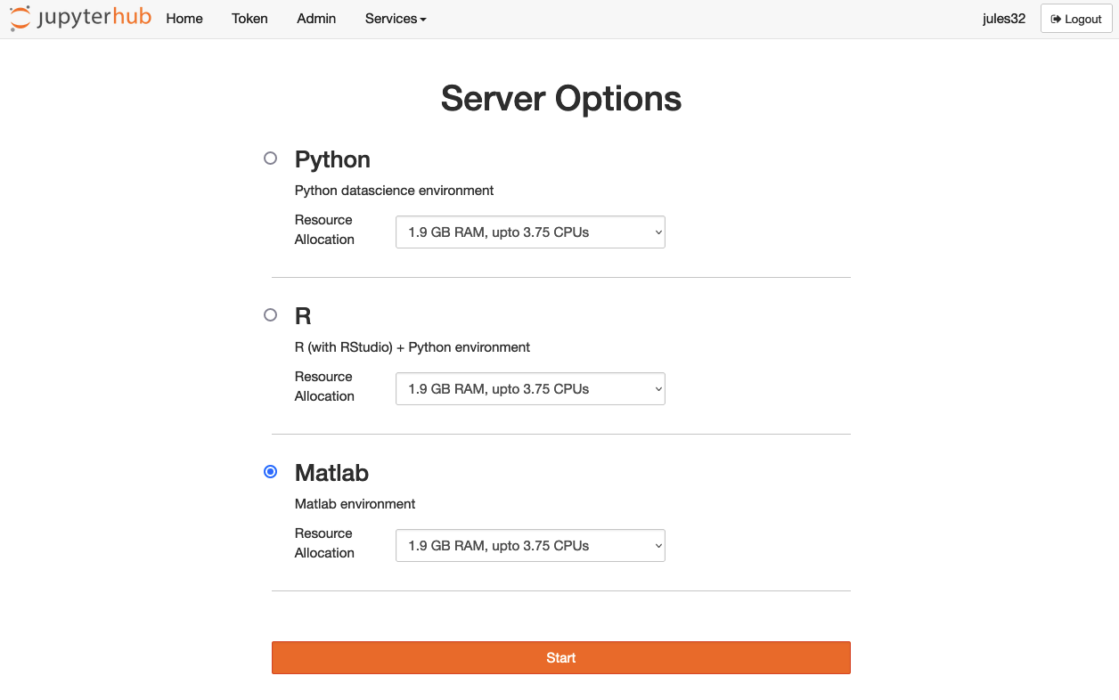 screenshot of the JupyterHub launch page that has Python, R, and MATLAB as selections, and MATLAB is selected.